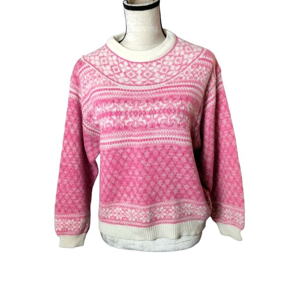 Vintage Womens Sz S Hunt Club Pink Fairisle Sweater Oversized Boxy 90s Nordic - Picture 1 of 7